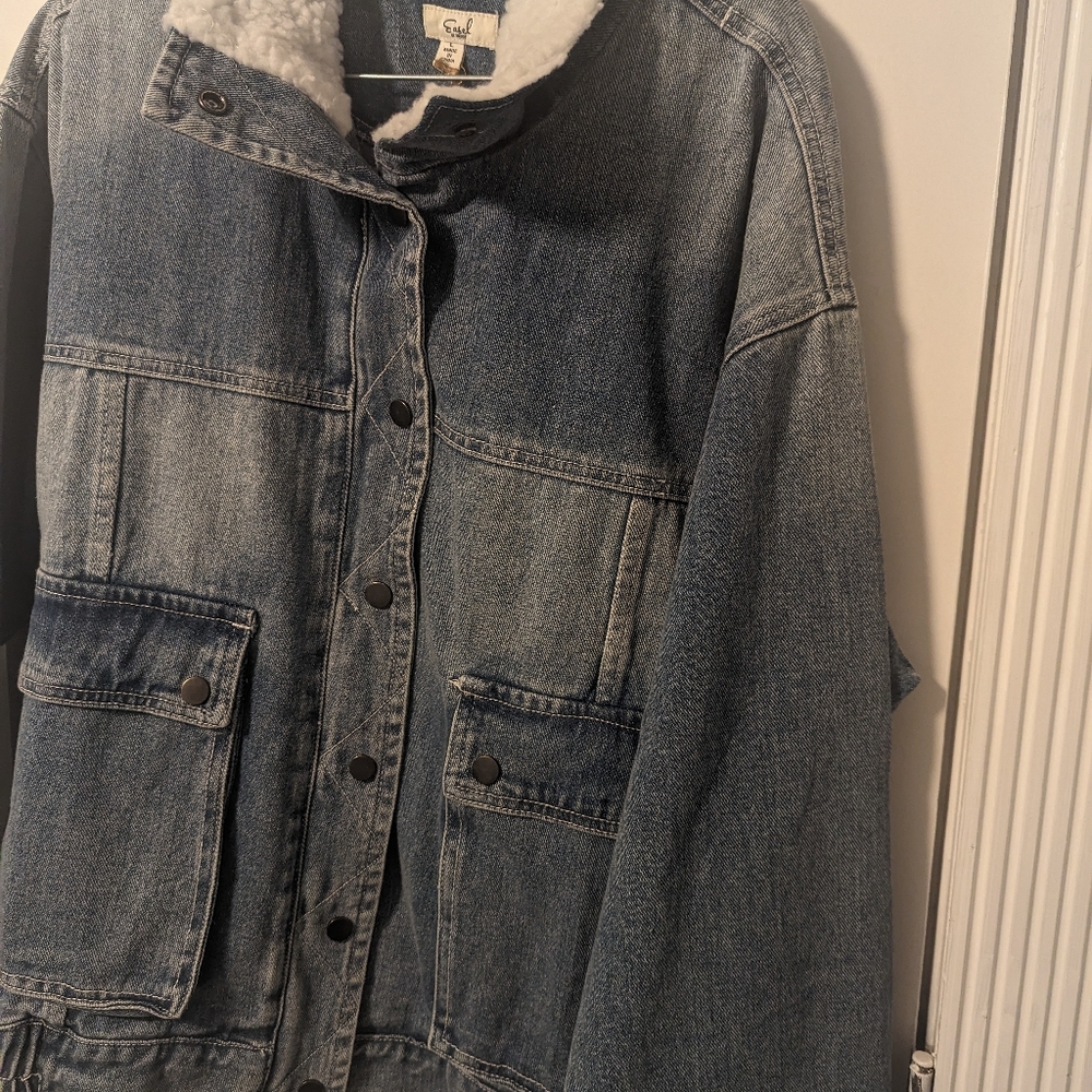 🔥NWT🔥 Large (L) Grunge Vintage Boutique Easel Denim Jacket with Fur Collar - Picture 5 of 8